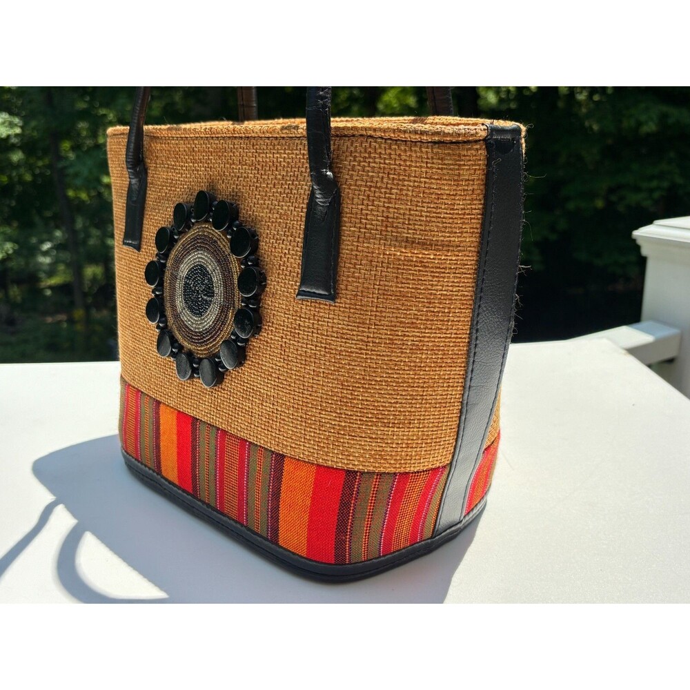 Kenyan Artisan‎ Jute Hand Bag Purse Tote Zippered Hand Made Natural Fiber Beaded - Picture 16 of 16
